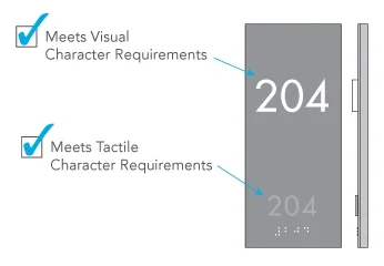 An ADA-compliant sign that meets both tactile and visual requirements with the two different sets of characters.